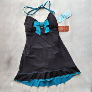 Eco Swim by AquaGreen Swimdress Black Turquoise Backless Size 10 NWT